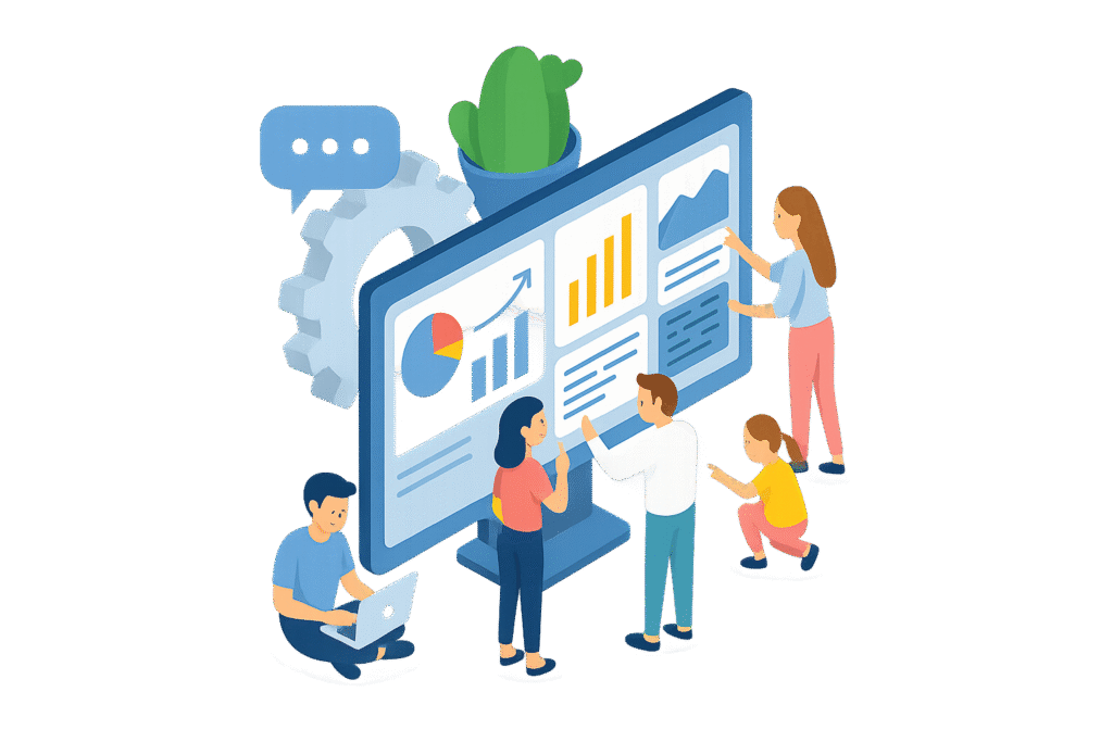 Flat-style illustration of five digital professionals working on SEO, data analytics, UX design, and content strategy