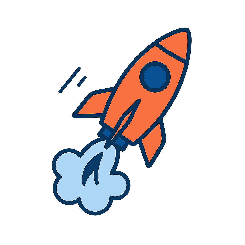 Illustration of an orange rocket launching with white smoke trail