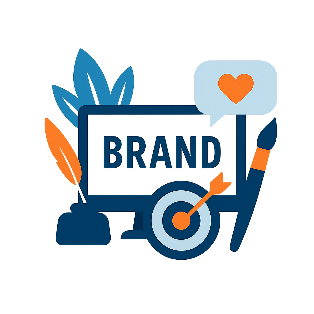Illustration of a computer monitor with the word BRAND, leaves, target, and creative tools