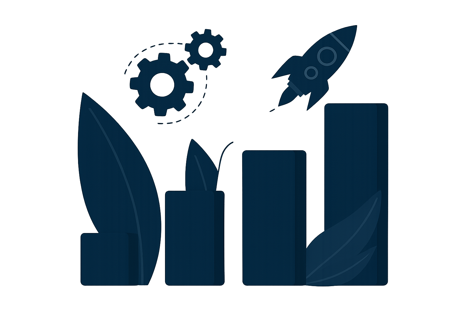 Bar chart with upward trend and gear icon symbolizing digital campaign execution and growth