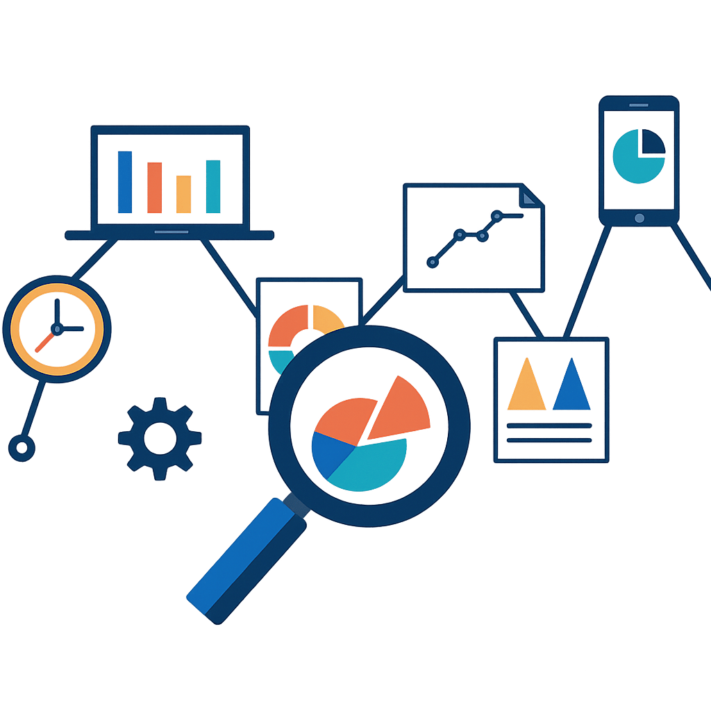 nalytics dashboard and magnifying glass showing marketing data insights