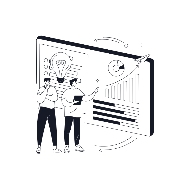 Flat-style illustration of two marketers analyzing a business dashboard with charts and lightbulb