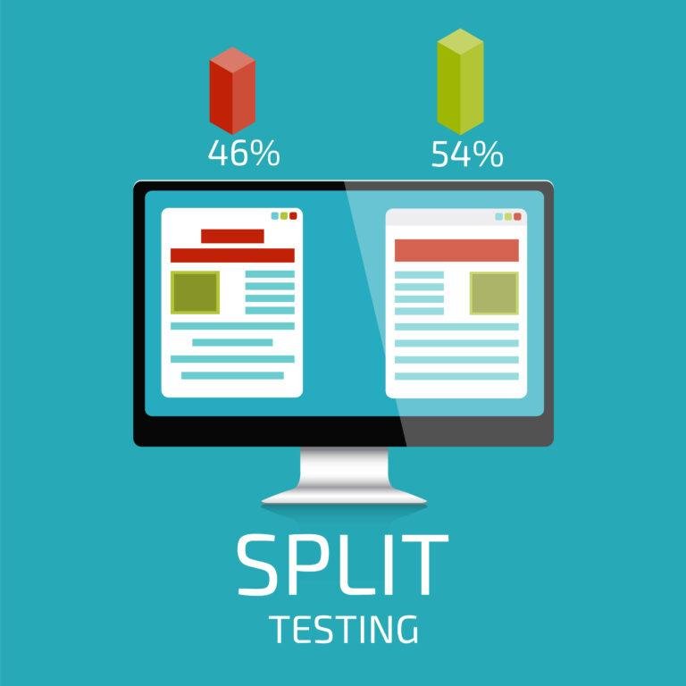 Split testing illustration showing two web page variants with performance bars (CRO hero image)