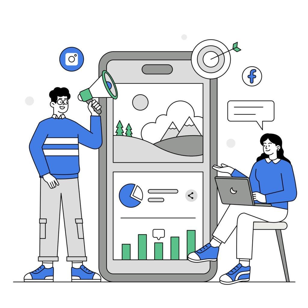 Illustration of digital marketers running paid campaigns on mobile with charts and social media icons.