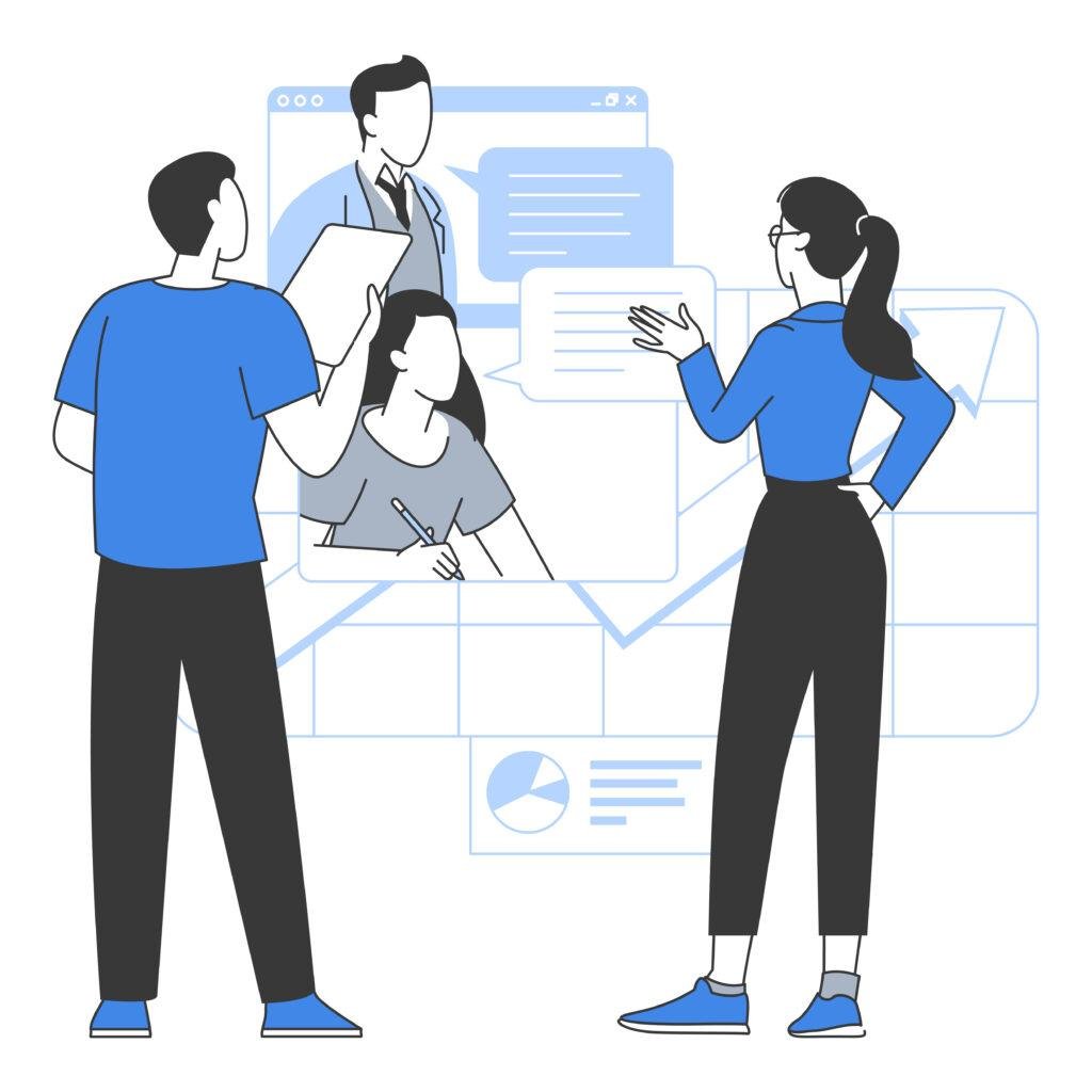 Illustration of a marketing team planning a paid campaign strategy with charts and discussions.