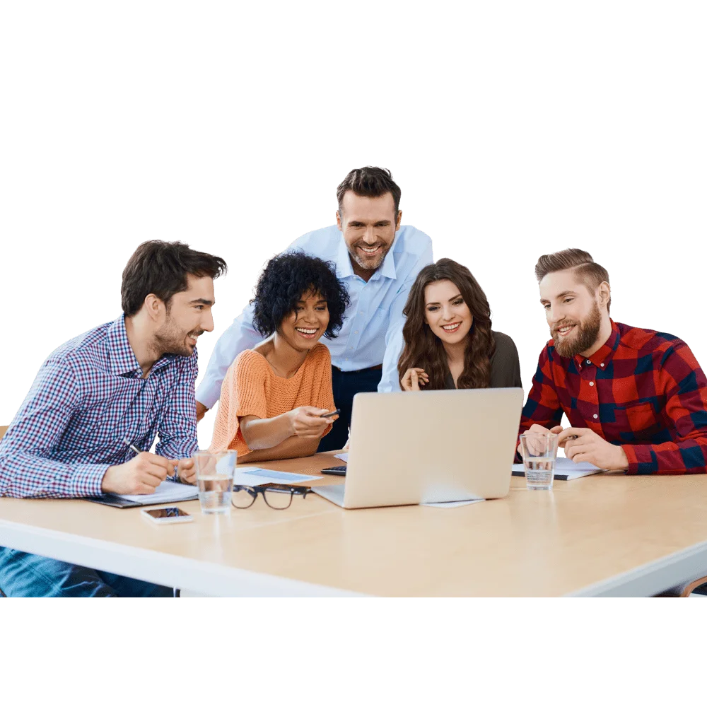Group of professionals collaborating at a laptop during a digital strategy meeting