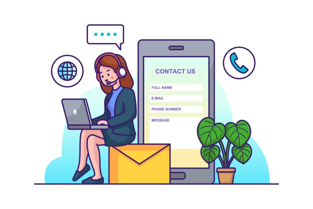 Illustration of a customer support agent with laptop next to a large smartphone contact form and communication icons for DeepXSolutions Contact page