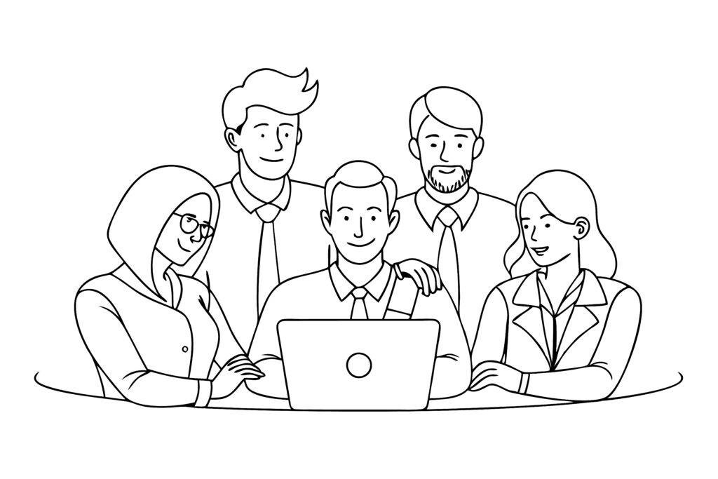 Illustration of the DeepXSolutions team collaborating at a laptop, representing data-driven growth and teamwork.