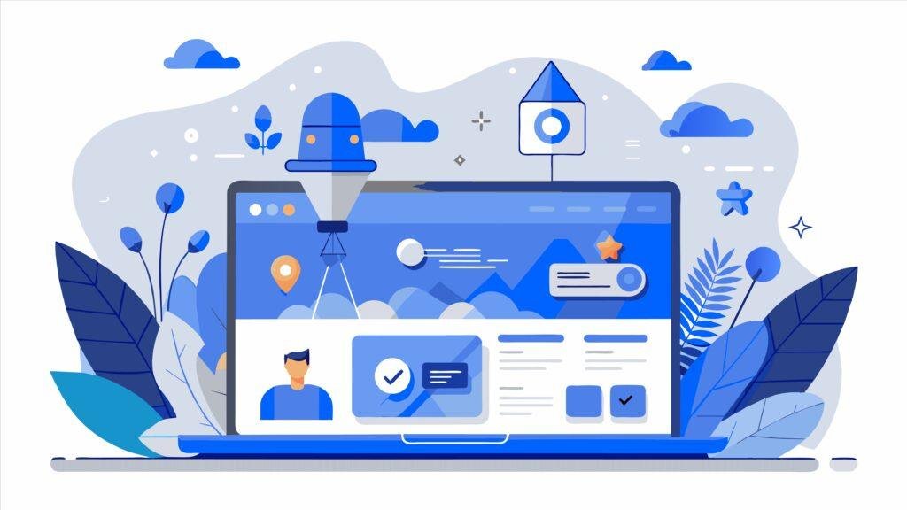 Illustration of laptop with landing page design and marketing icons, representing content that converts.