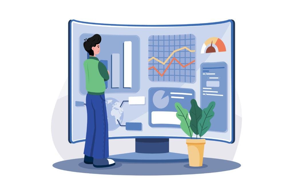 Person analyzing data dashboards and charts on a large screen