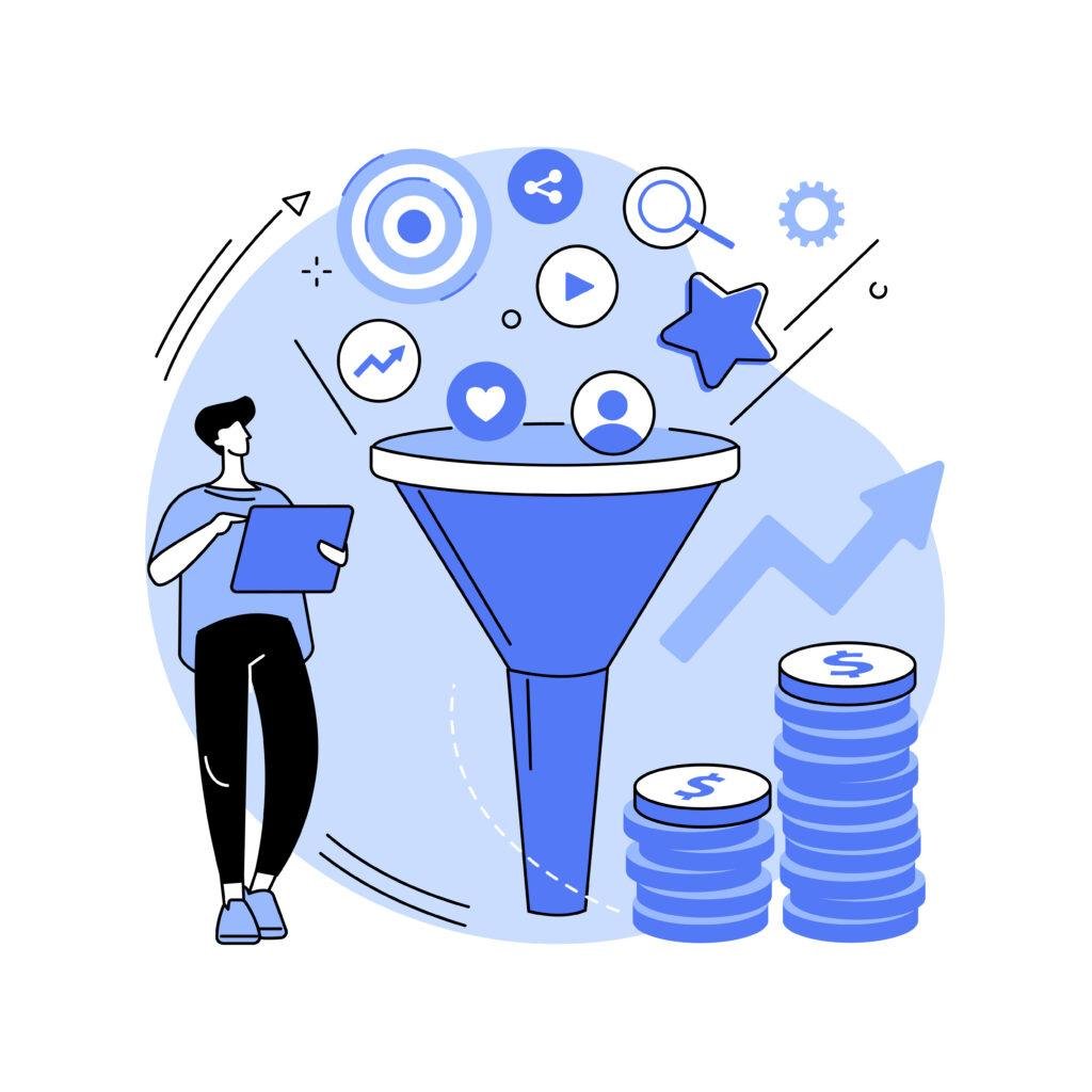 Illustration showing a full-funnel customer journey with data-driven audience paths