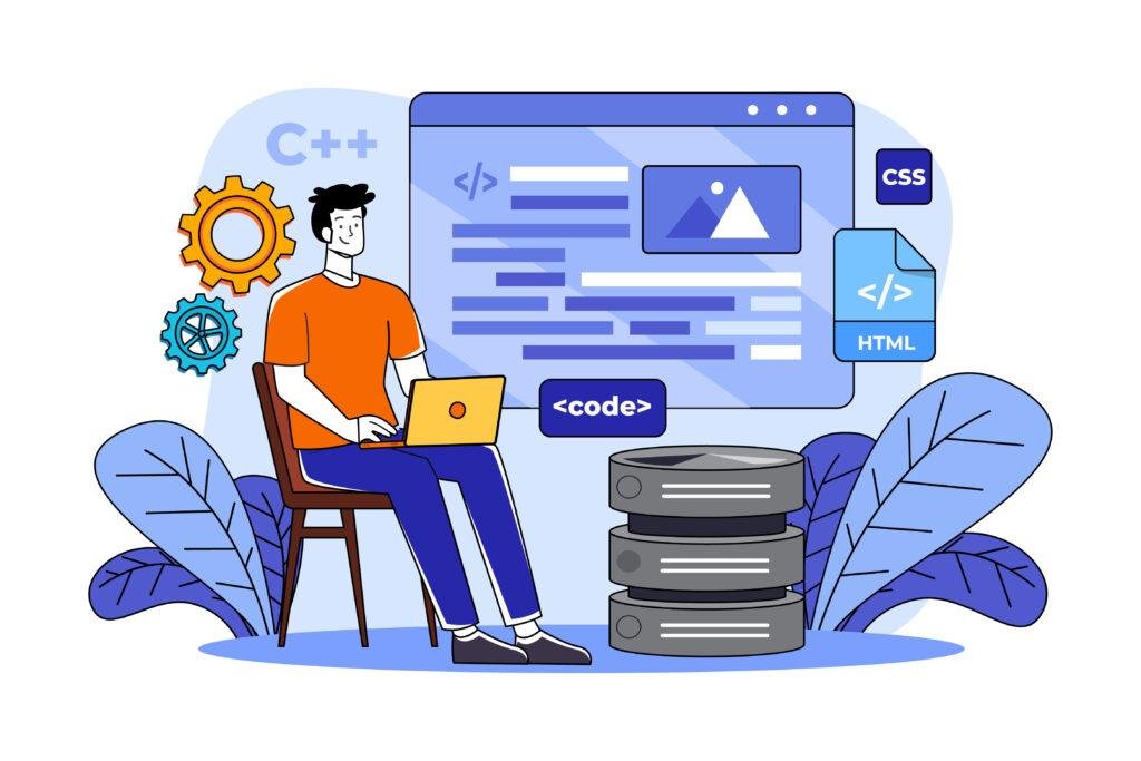 Full-stack web developer coding with C++, HTML, CSS, and database integration in a modern development environment