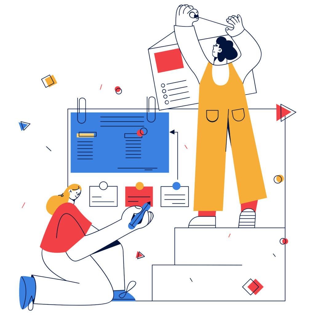 Design handoff illustration showing UI designs prepared for development.