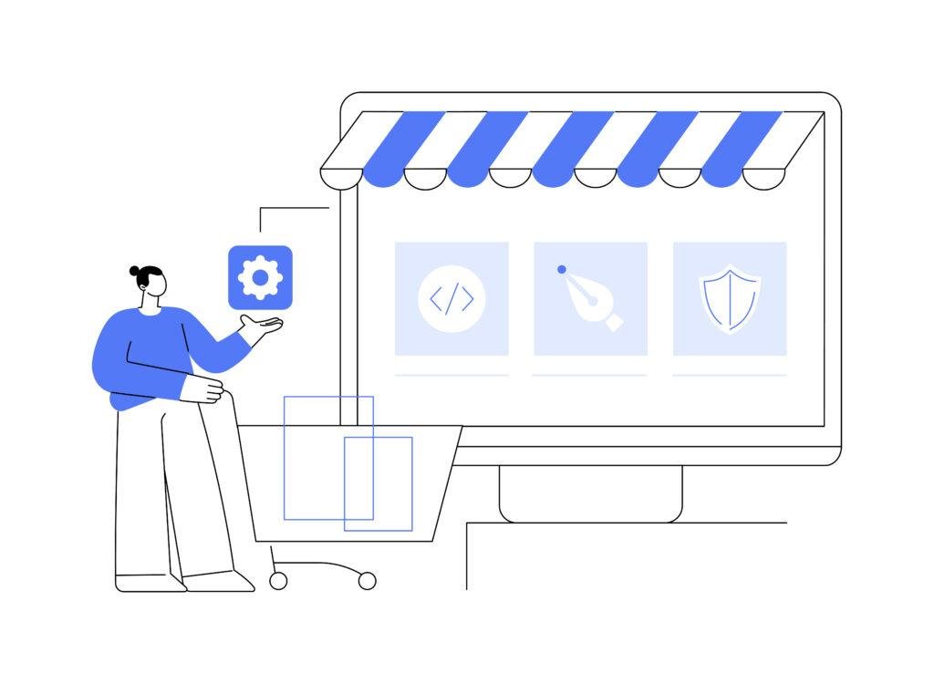Conversion-focused web and e-commerce development illustration showing a modern website and online store interface.
