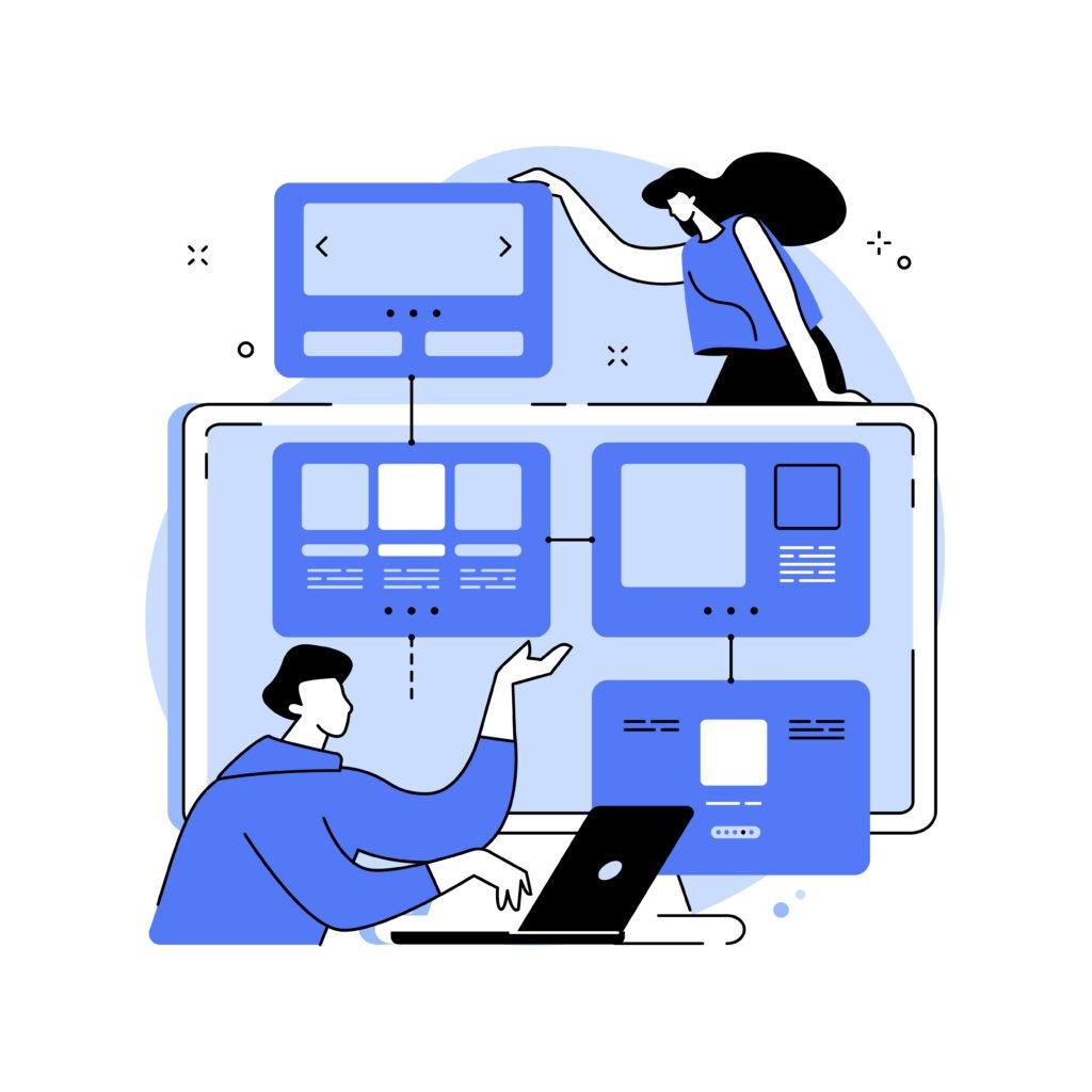 Illustration showing the web development and e-commerce architecture process with UI, backend, and store elements.