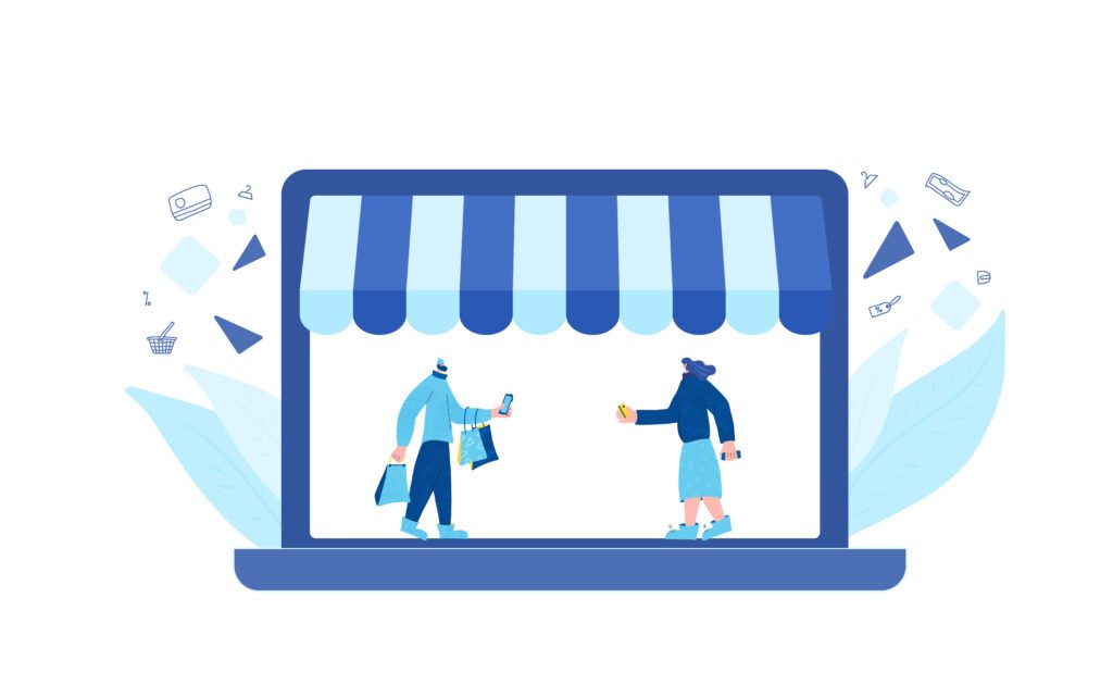 E-commerce store development with conversion-focused design, featuring a storefront and two people working on the shop floor.