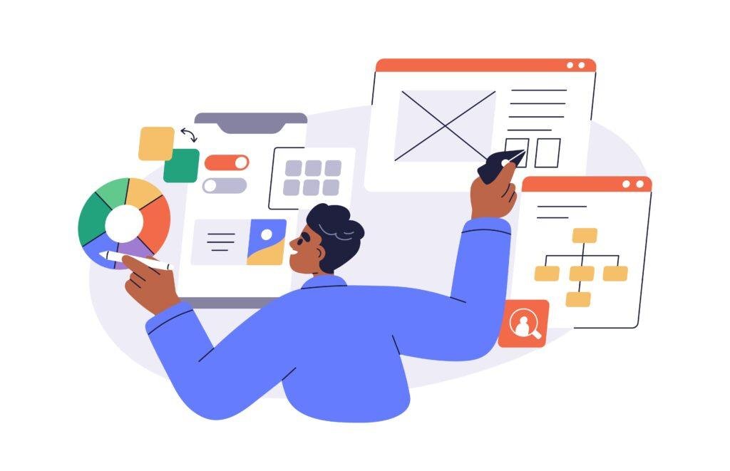Illustration showing ad creative and copy testing inside a structured funnel