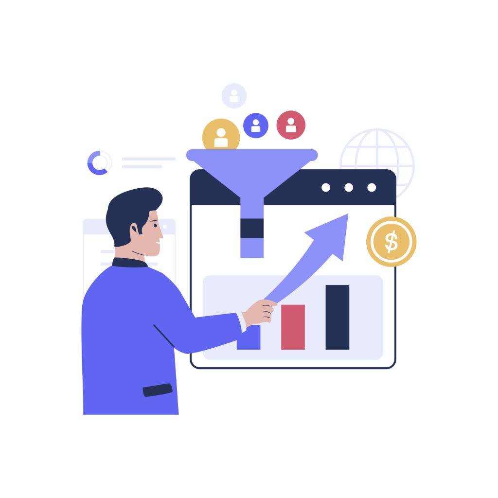 Illustration showing a paid ads funnel connected to a landing page