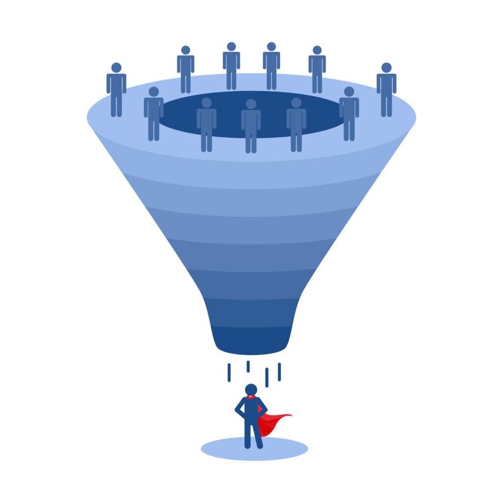 Illustration showing a broken paid marketing funnel with disconnected ads, landing pages, and leads