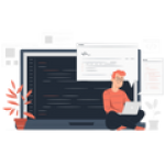Web Development Illustration – Coding Scene Illustration of a developer coding on a laptop with code editor and UI elements on screen