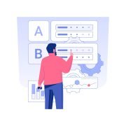 Business professional analyzing A/B testing results with charts and gears for website optimization