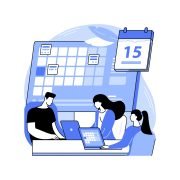 Illustration of a team planning around a calendar and tasks, representing a content system and calendar.