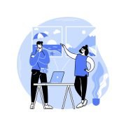 Illustration of a designer creating graphics with color palette and tools, representing content design and visuals.