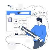 Illustration of a person writing marketing content on a laptop, representing conversion copywriting.