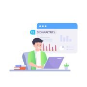 Illustration of SEO optimization with graphs and a laptop, representing an SEO content engine.