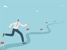 Precise step-by-step execution toward milestones Businessman running on a roadmap with goal flags